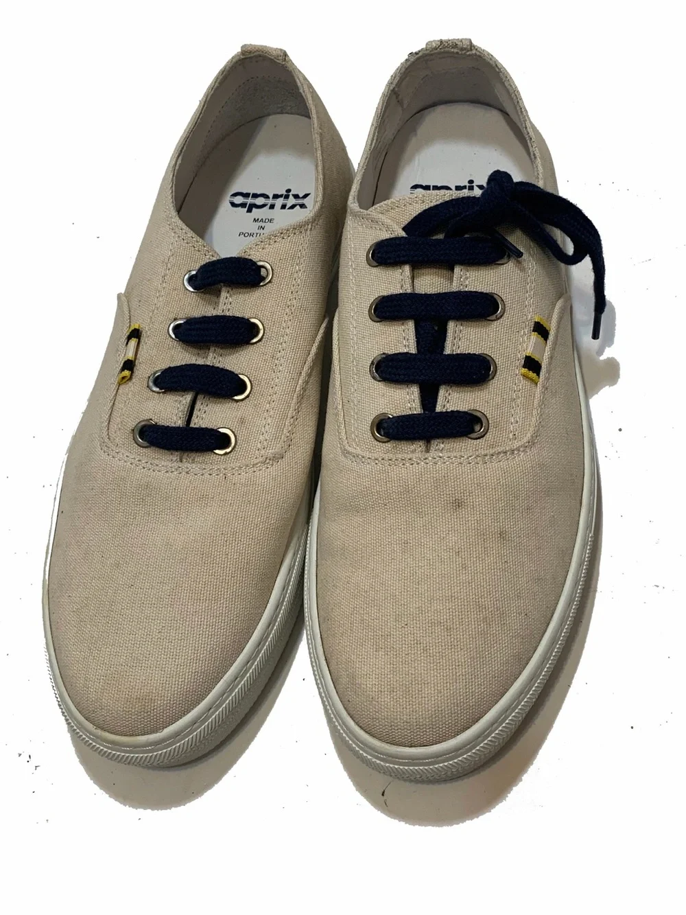 9 / aprix Men's Canvas Low-Top Sneakers in Beige with Navy Accents